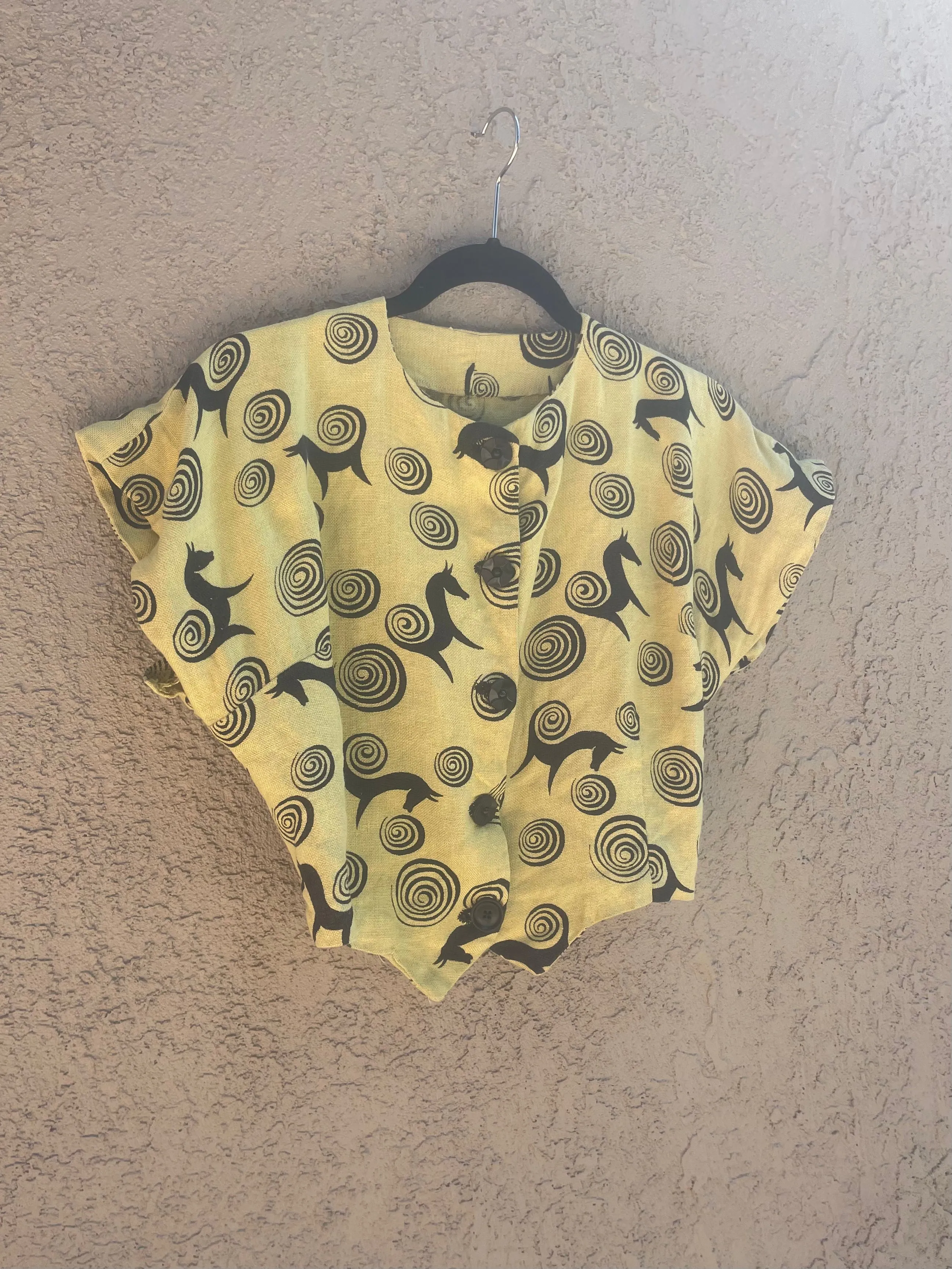 1930s Chartreuse Novelty Horse Print Linen Button Front Blouse