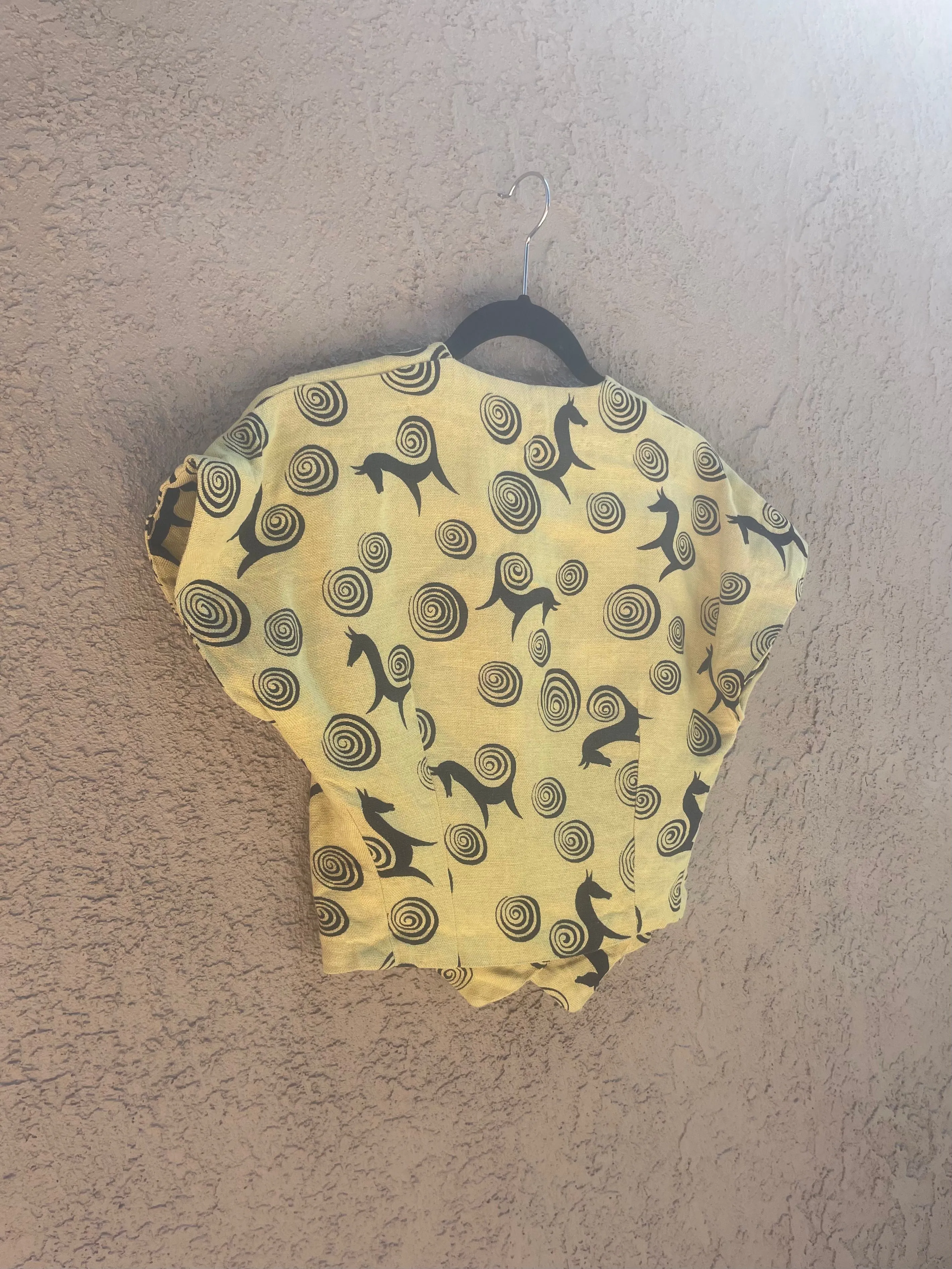 1930s Chartreuse Novelty Horse Print Linen Button Front Blouse