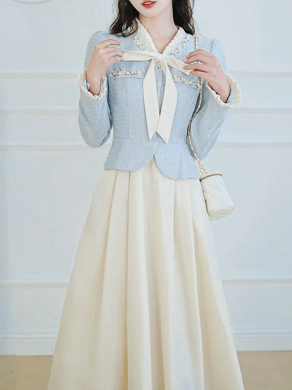 2PS White and Blue Tweed Coat With Swing Skirt 1950S Vintage Audrey Hepburn's Style Outfits