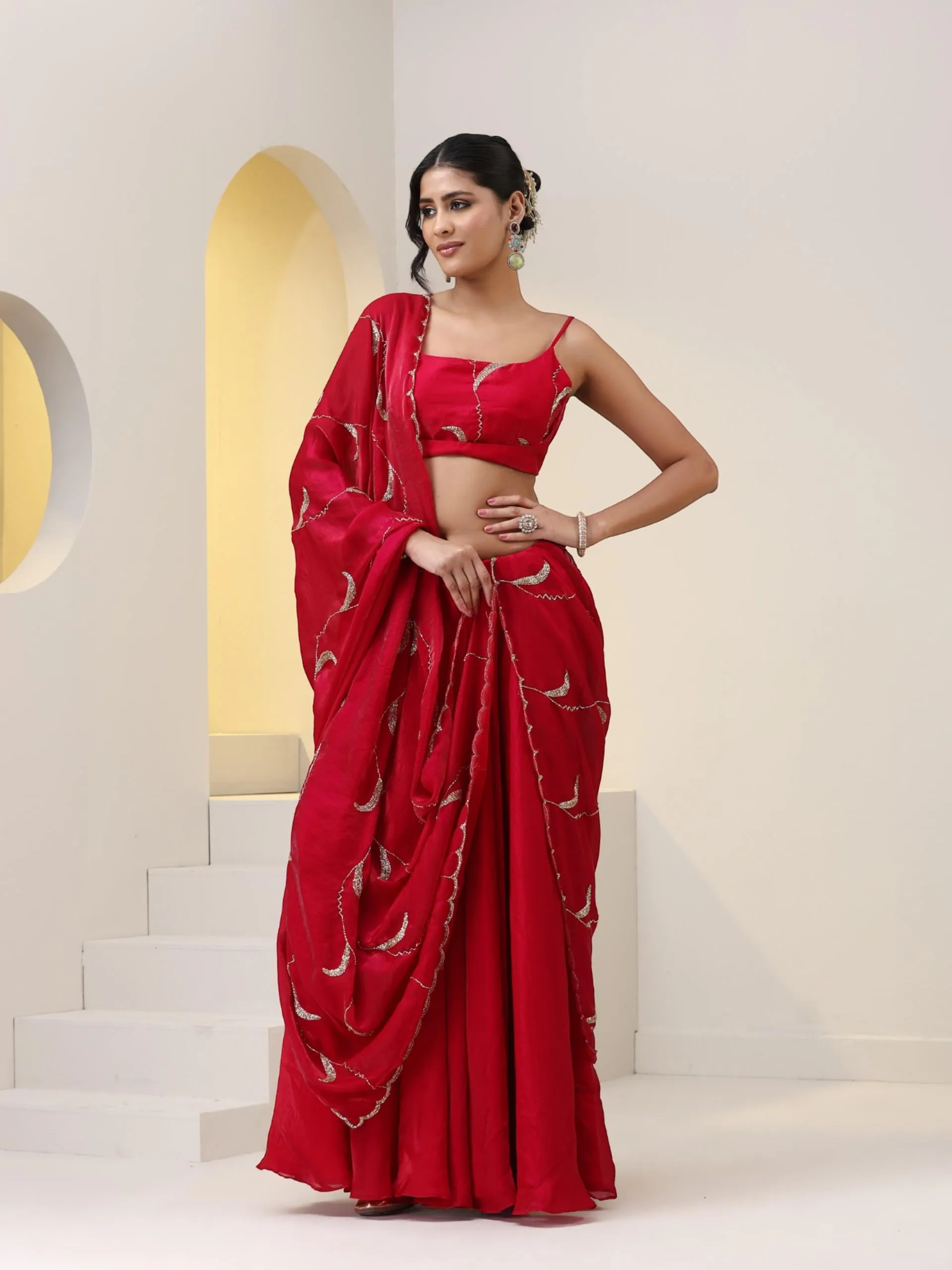 3 pc SET - Pink Red Metallic Satin Sharara Saree with Hand Embroidery on Blouse Fabric and Dupatta