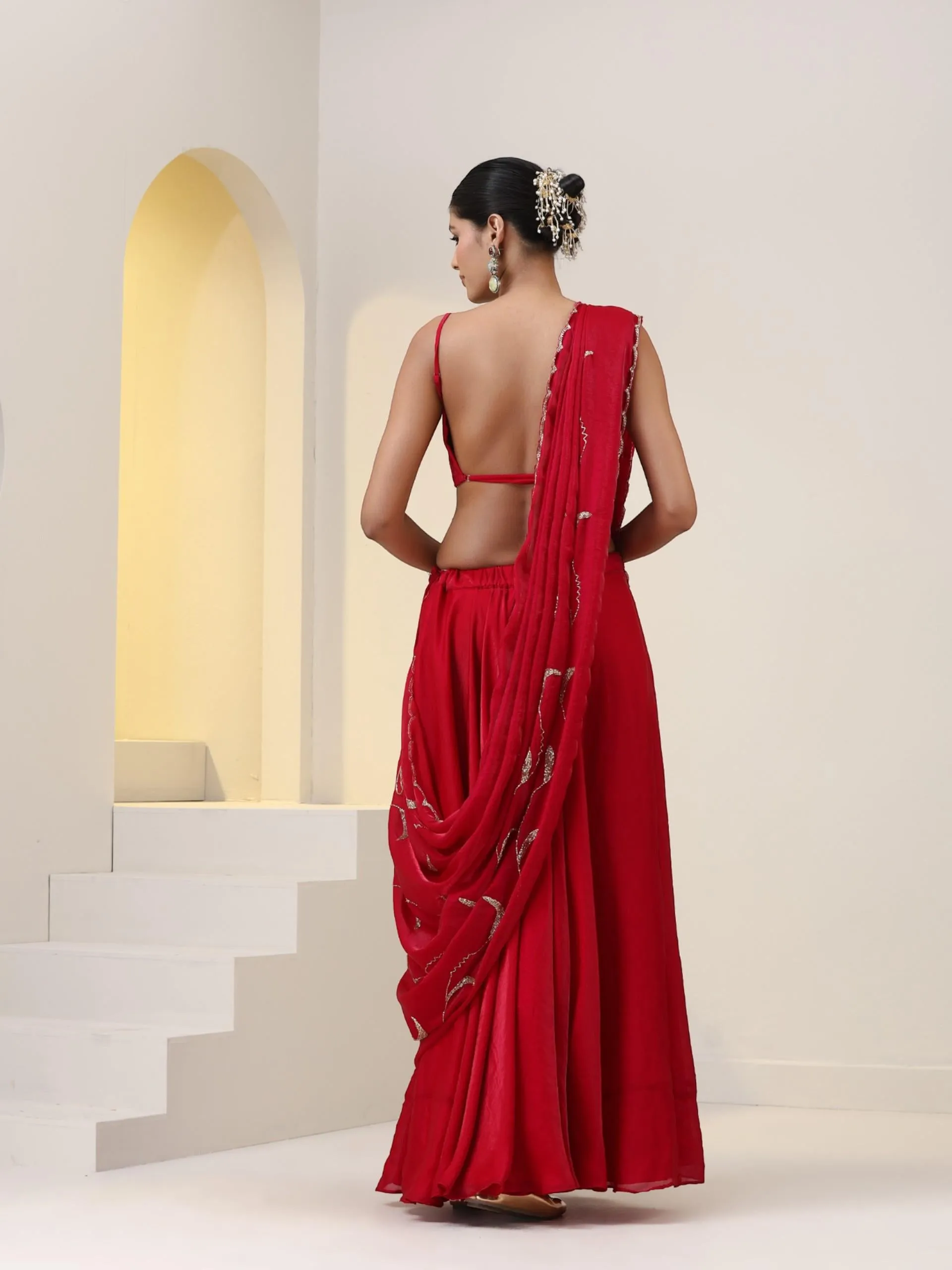 3 pc SET - Pink Red Metallic Satin Sharara Saree with Hand Embroidery on Blouse Fabric and Dupatta