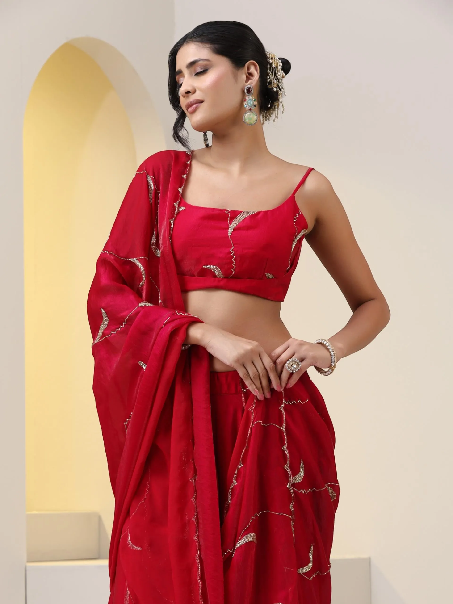 3 pc SET - Pink Red Metallic Satin Sharara Saree with Hand Embroidery on Blouse Fabric and Dupatta