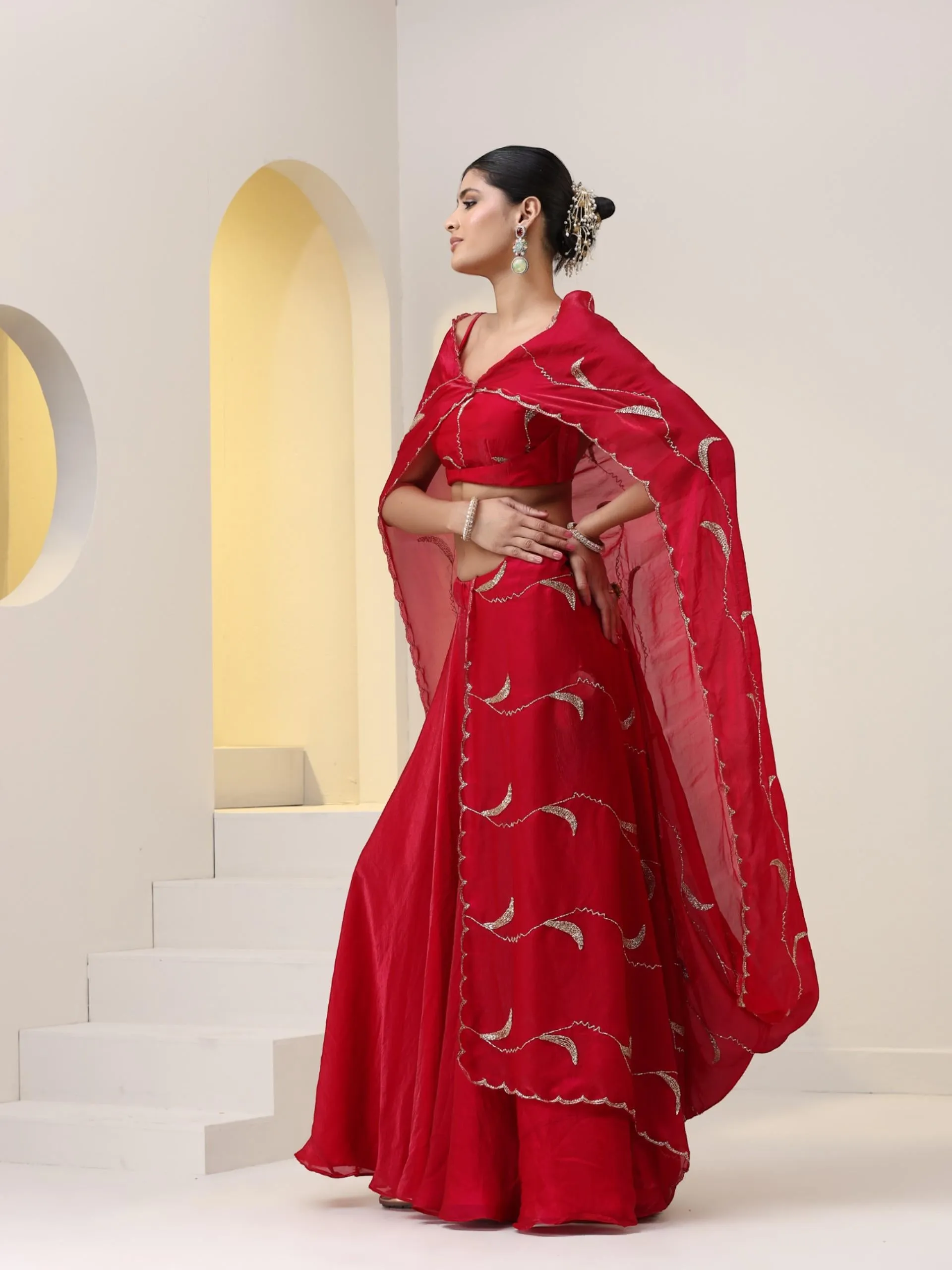 3 pc SET - Pink Red Metallic Satin Sharara Saree with Hand Embroidery on Blouse Fabric and Dupatta