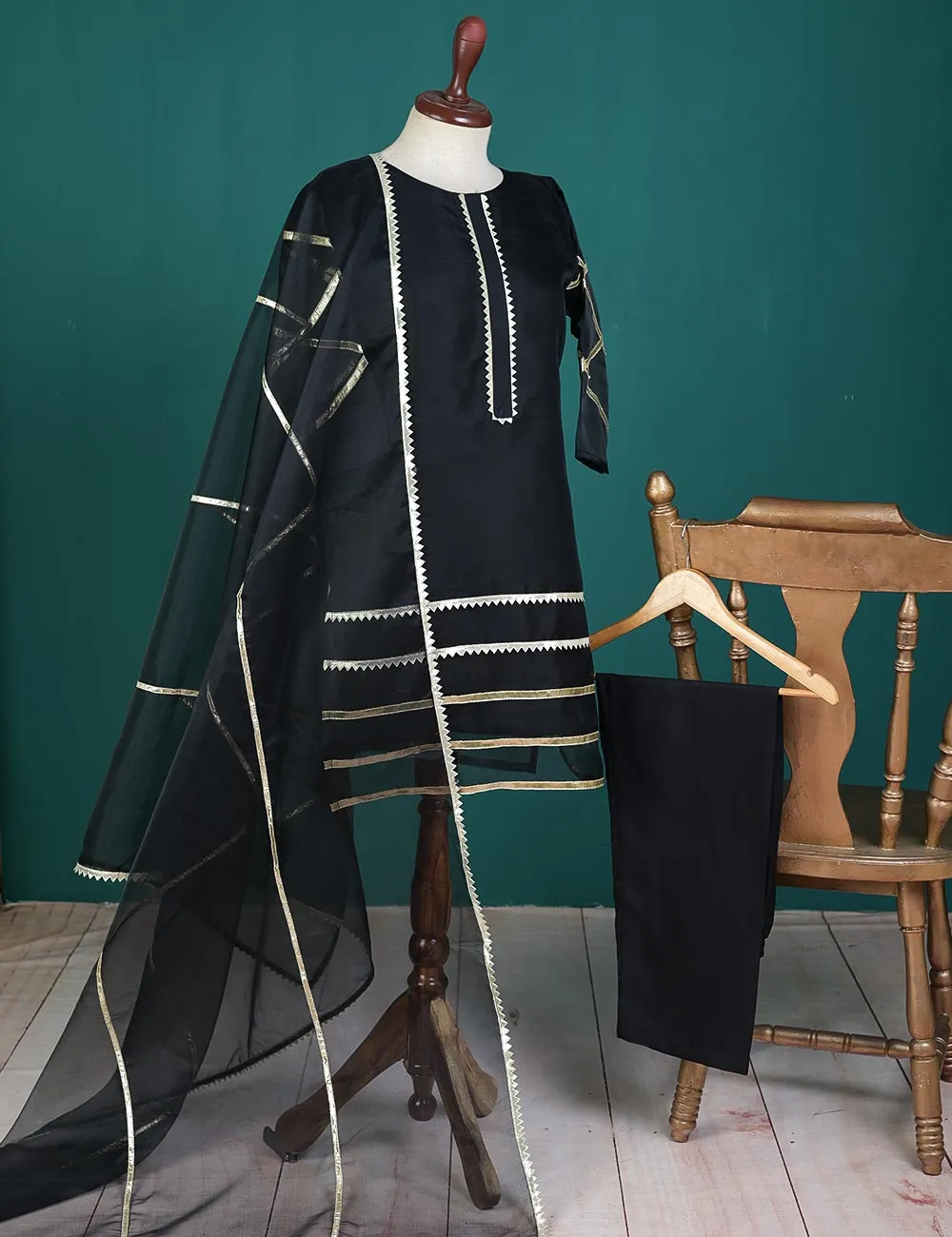 3 Pc Stitched Organza Suit With Organza Dupatta and Malai Trouser - Almitra (RTW-23-Black)