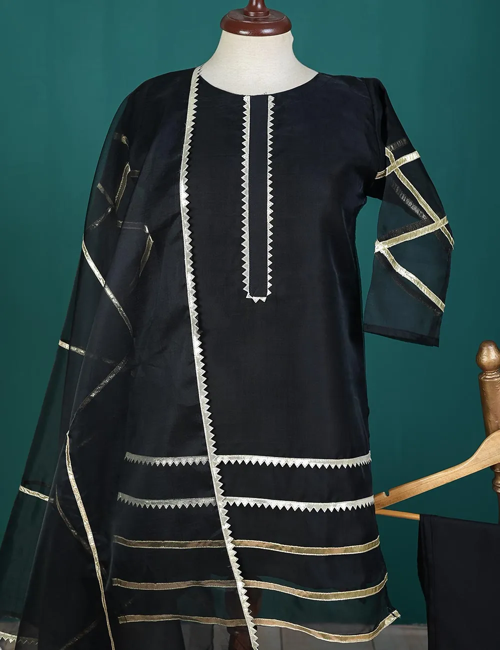 3 Pc Stitched Organza Suit With Organza Dupatta and Malai Trouser - Almitra (RTW-23-Black)