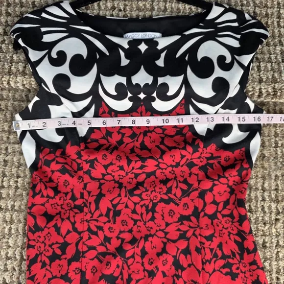 41) MAGGY LONDON Red and Black Sheath Mini Dress Sleeveless Crew Neck Sz. 6