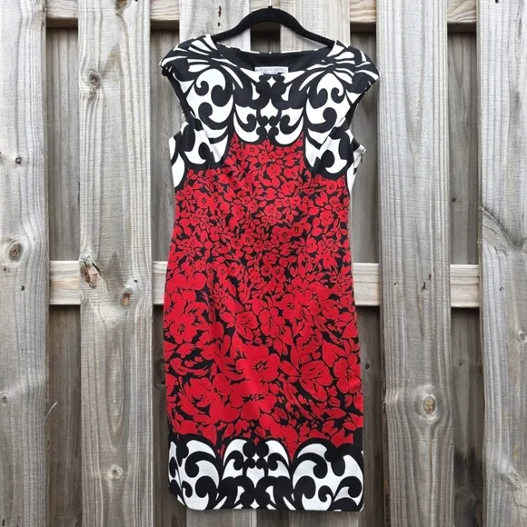 41) MAGGY LONDON Red and Black Sheath Mini Dress Sleeveless Crew Neck Sz. 6
