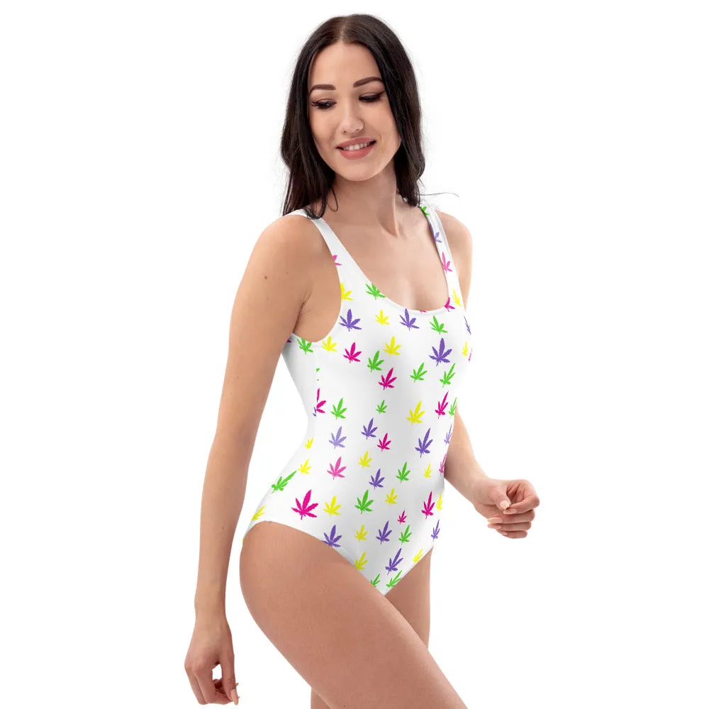 420 Rainbow Leaf One-Piece Swimsuit - White