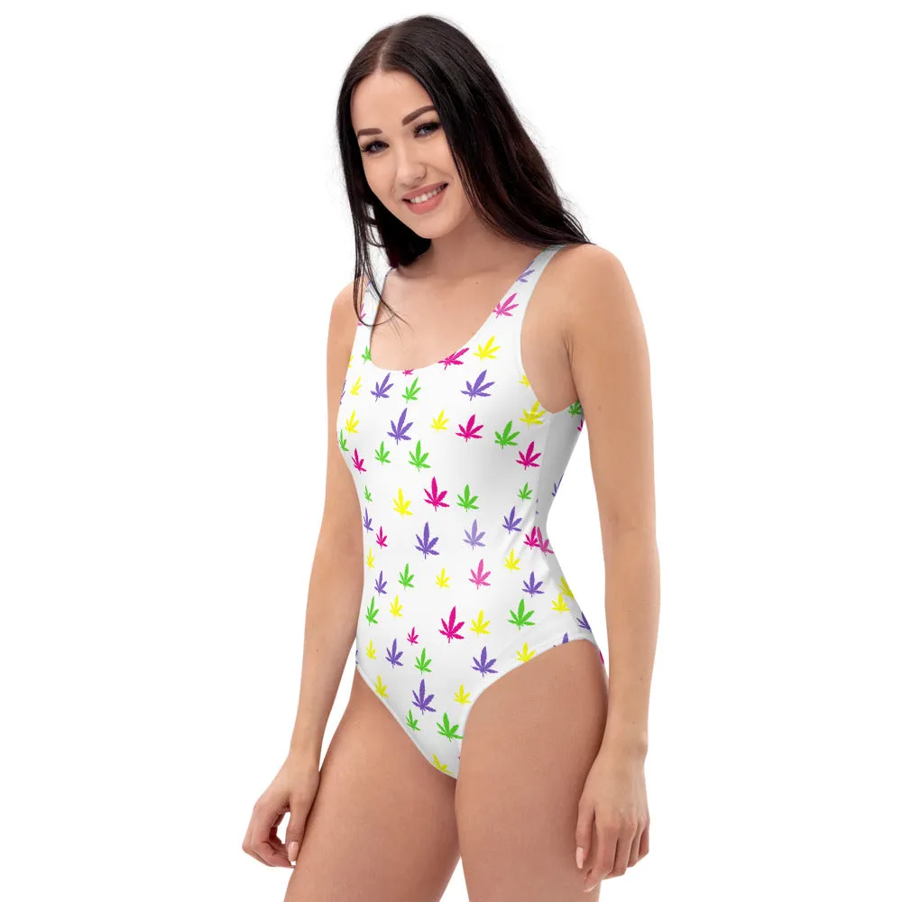 420 Rainbow Leaf One-Piece Swimsuit - White