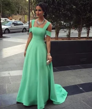 A-Line Off Shoulder Green Prom Dresses, Green Bridesmaid Dresses, Evening Dresses
