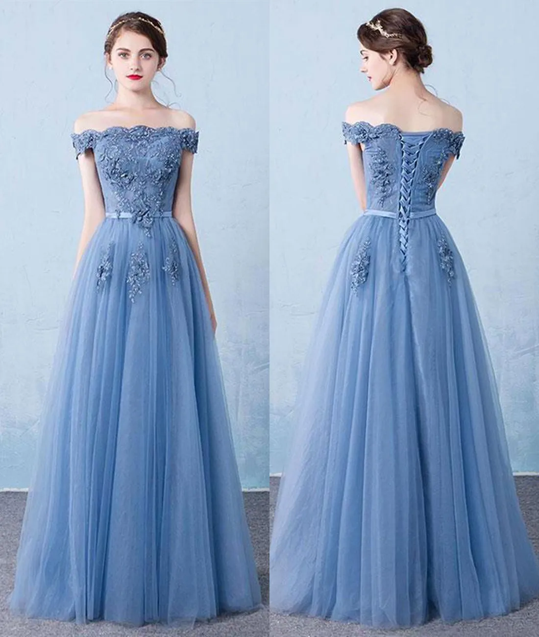A Line Off Shoulder Lace Appliques Blue Tulle Long Prom Dresses, Blue Lace Formal Dresses, Blue Lace Graduation Dresses
