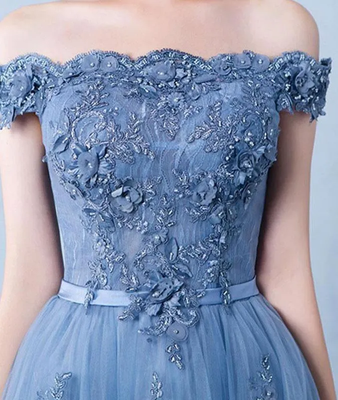 A Line Off Shoulder Lace Appliques Blue Tulle Long Prom Dresses, Blue Lace Formal Dresses, Blue Lace Graduation Dresses