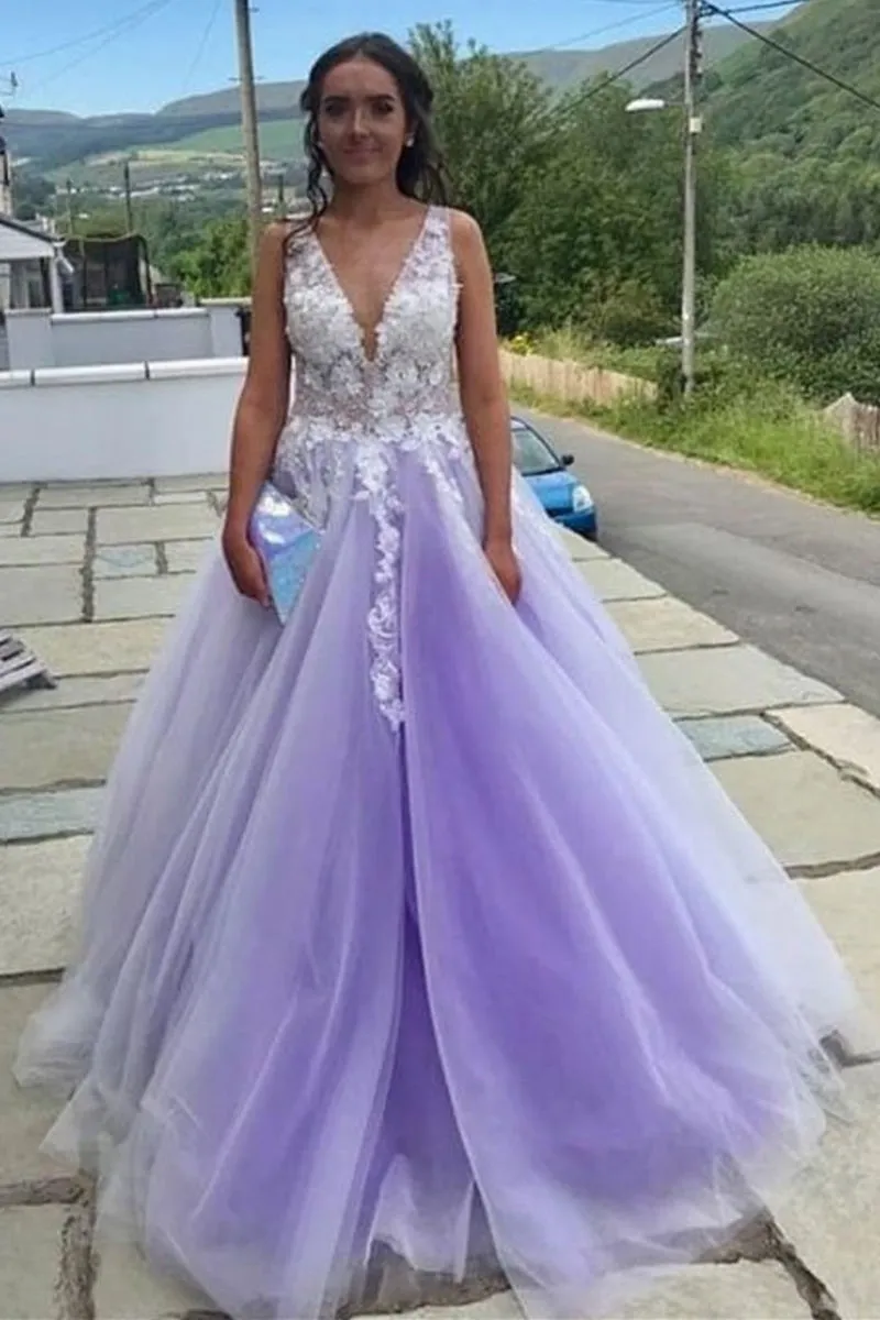 A Line V Neck and V Back Long White Lace Appliques Purple Prom Dress, V Neck Lace purple Formal Dress, Lace Purple Evening Dress
