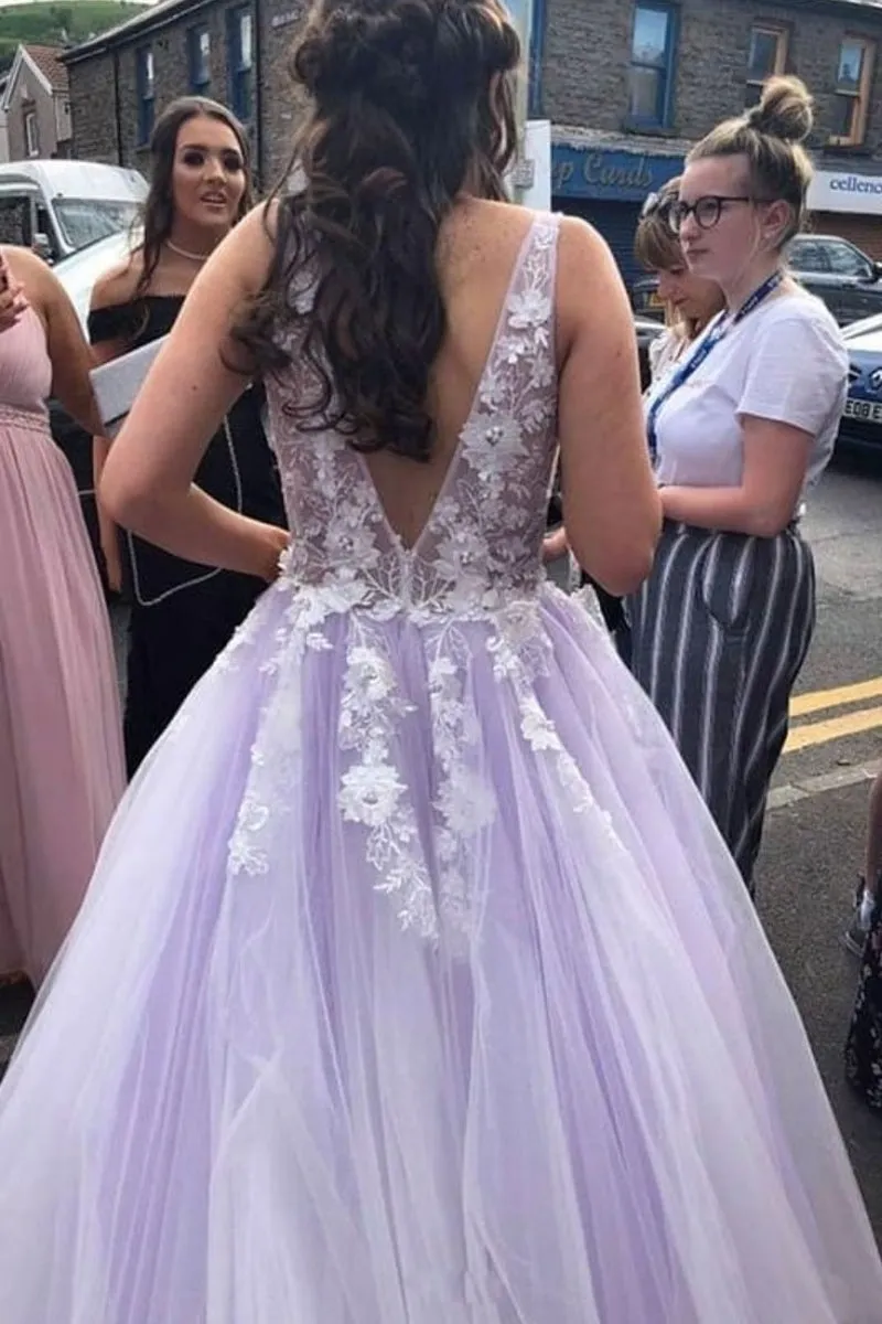 A Line V Neck and V Back Long White Lace Appliques Purple Prom Dress, V Neck Lace purple Formal Dress, Lace Purple Evening Dress