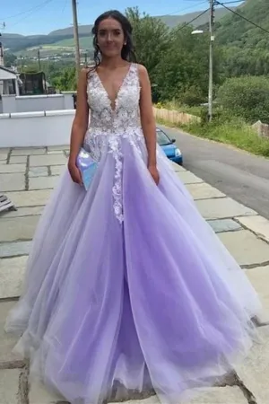A Line V Neck and V Back Long White Lace Appliques Purple Prom Dress, V Neck Lace purple Formal Dress, Lace Purple Evening Dress