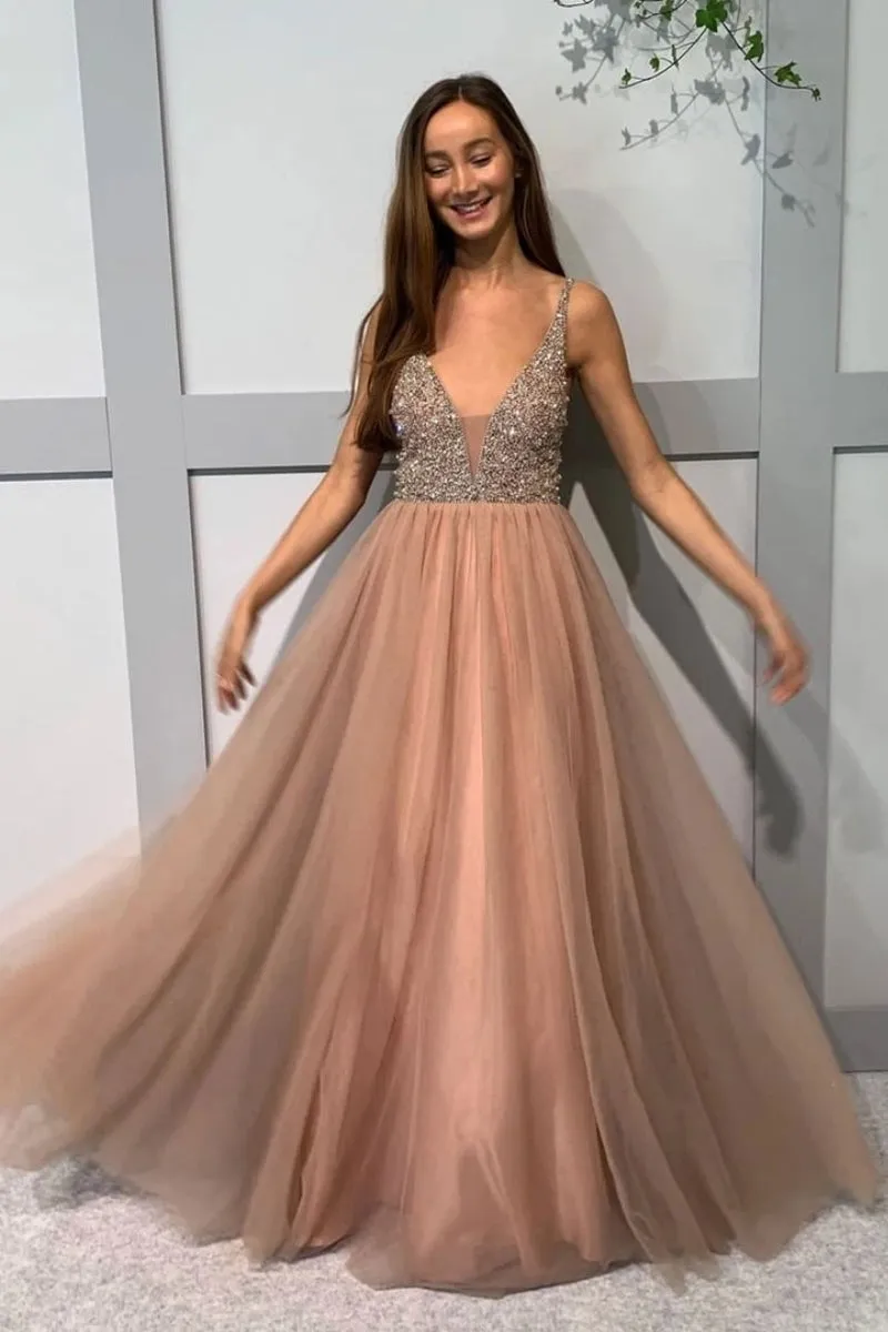 A Line V Neck Beaded Long Champagne Prom Dress, Champagne Formal Dress with Beading, Champagne Evening Dress