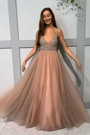 A Line V Neck Beaded Long Champagne Prom Dress, Champagne Formal Dress with Beading, Champagne Evening Dress