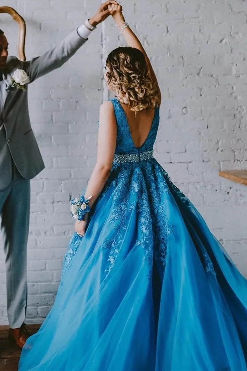 A Line V Neck Blue Lace Long Prom Dress, Blue Lace Formal Dress, Blue Evening Dress