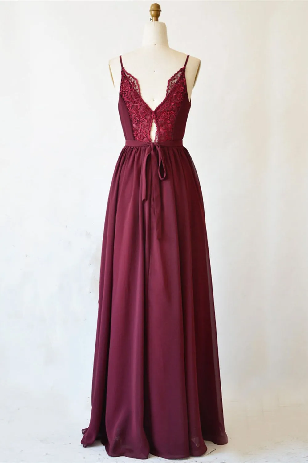 A Line V Neck Burgundy Long Prom Dress with Lace Back, V Neck Burgundy Formal Evening Dress, Burgundy Bridesmaid Dress A1293