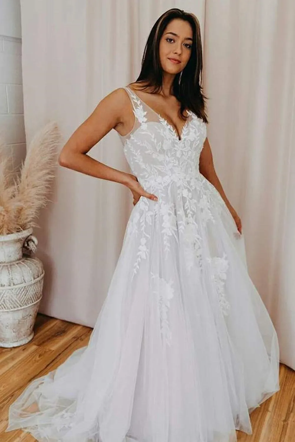A Line V Neck Open Back White Lace Long Prom Wedding Dress, Backless White Lace Formal Evening Dress