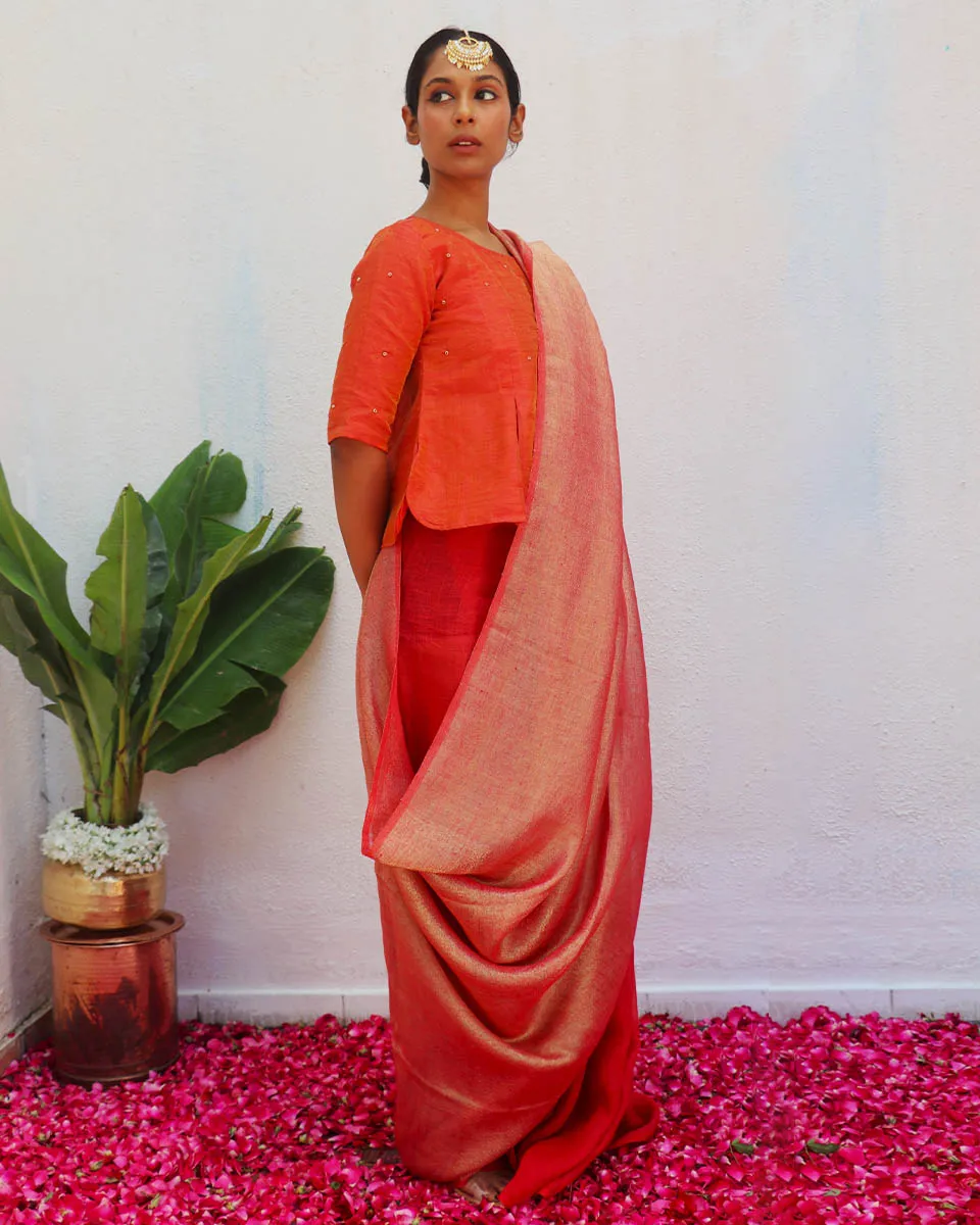 Abhati Red Handwoven Linen Zari Saree - Eknoor