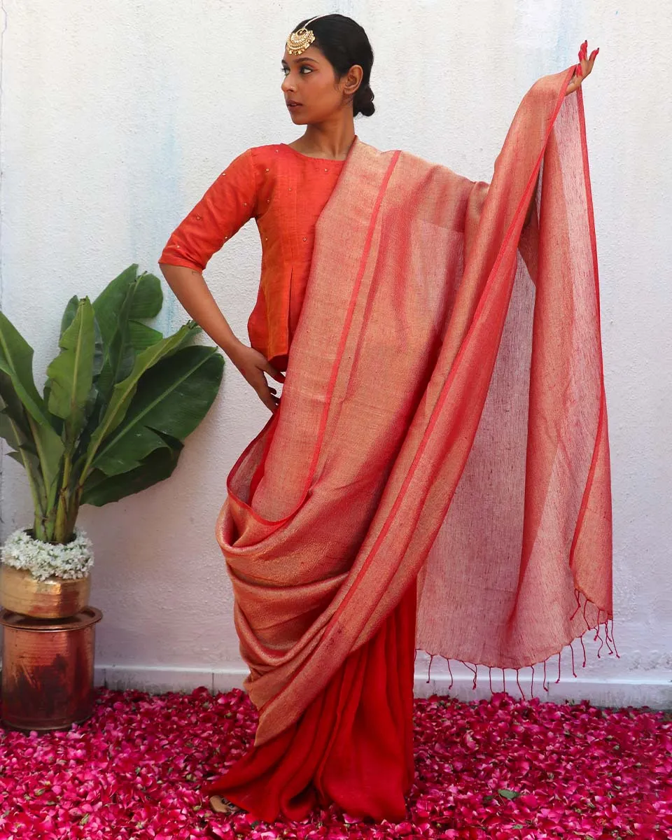 Abhati Red Handwoven Linen Zari Saree - Eknoor