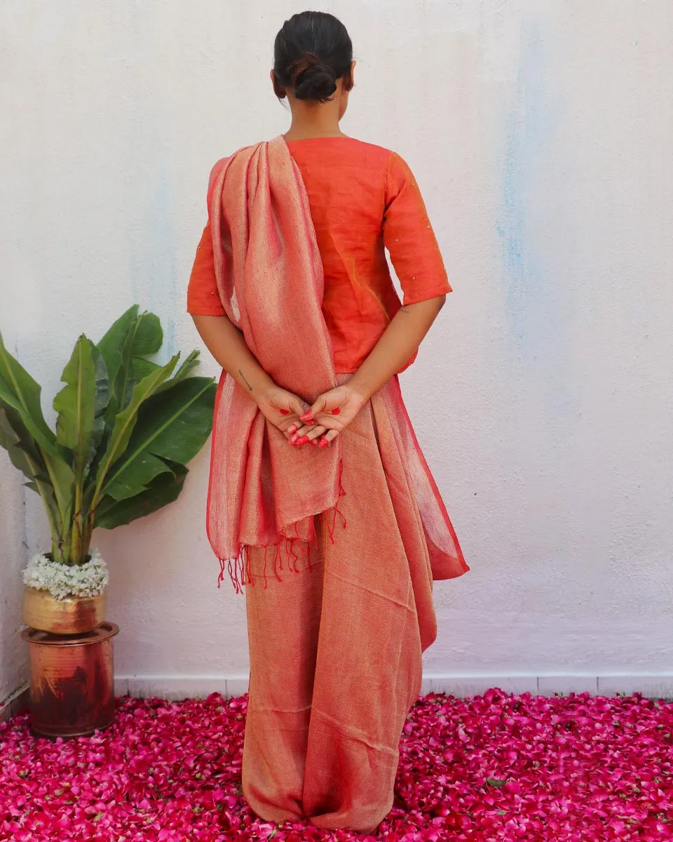 Abhati Red Handwoven Linen Zari Saree - Eknoor