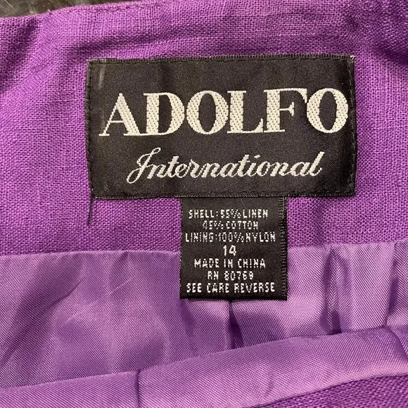 Adolfo Linen Pencil Skirt Suit Vintage Designer Career Fully Lined  Purple 14