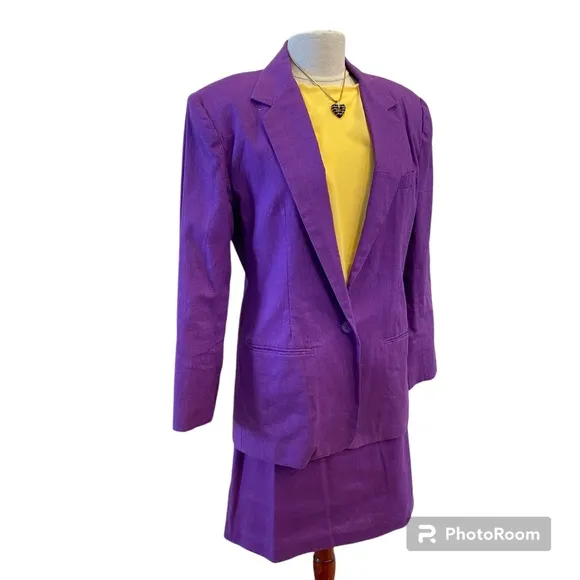 Adolfo Linen Pencil Skirt Suit Vintage Designer Career Fully Lined  Purple 14