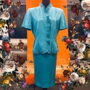 Adrianna Papell Robin’s Egg Blue Vintage 100% Silk Skirt Suit Size 10