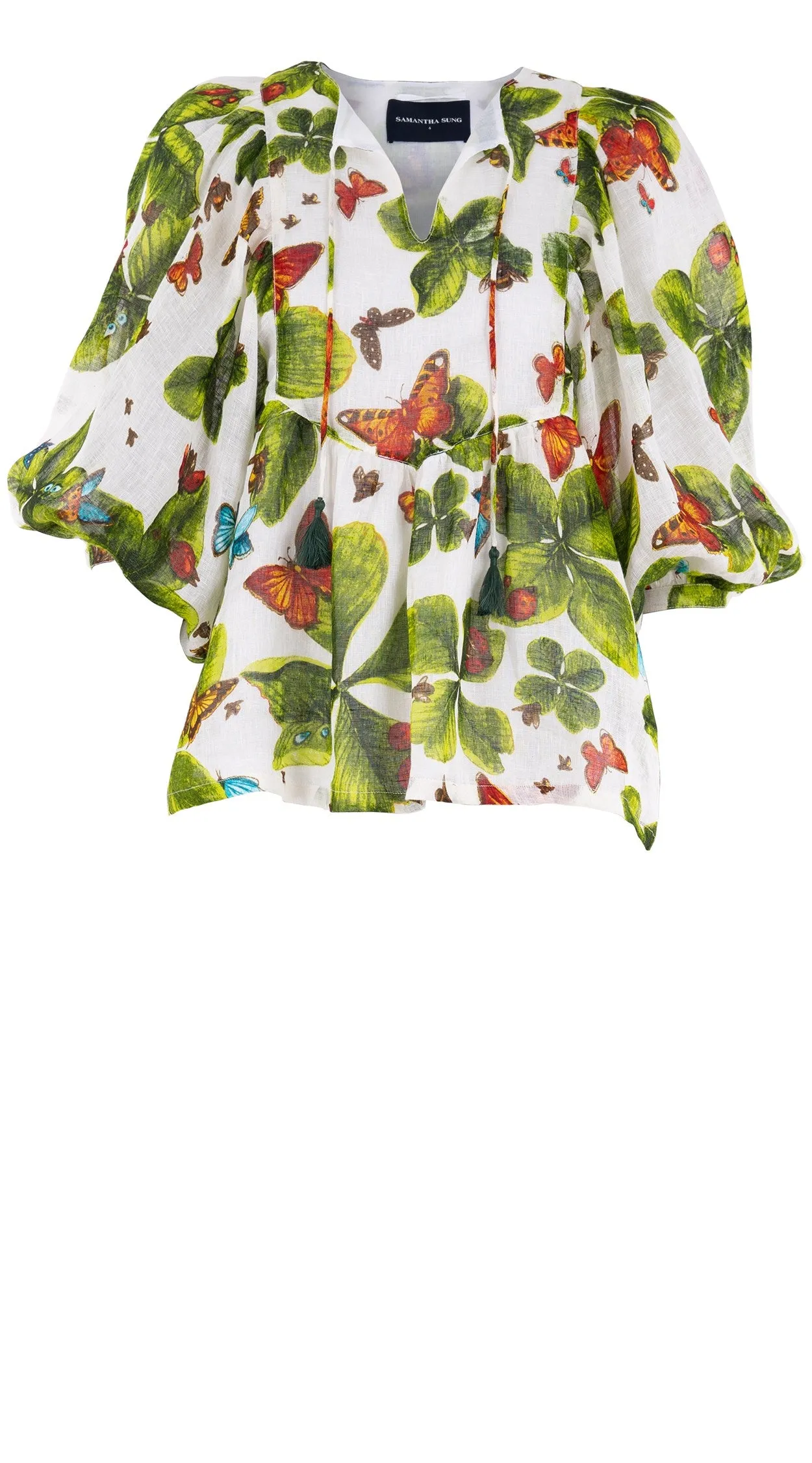Anastasia Blouse #2 Crew Neck Slit 3/4 Puff Sleeve Linen (Clover Butterfly Small)