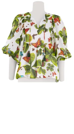 Anastasia Blouse #2 Crew Neck Slit 3/4 Puff Sleeve Linen (Clover Butterfly Small)