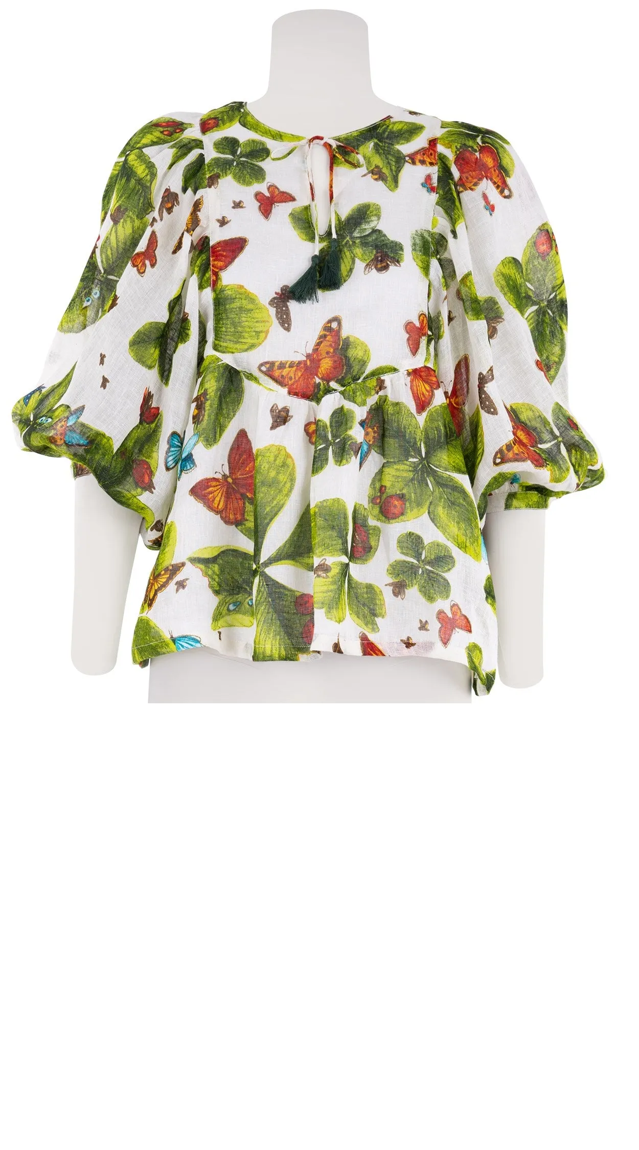 Anastasia Blouse #2 Crew Neck Slit 3/4 Puff Sleeve Linen (Clover Butterfly Small)