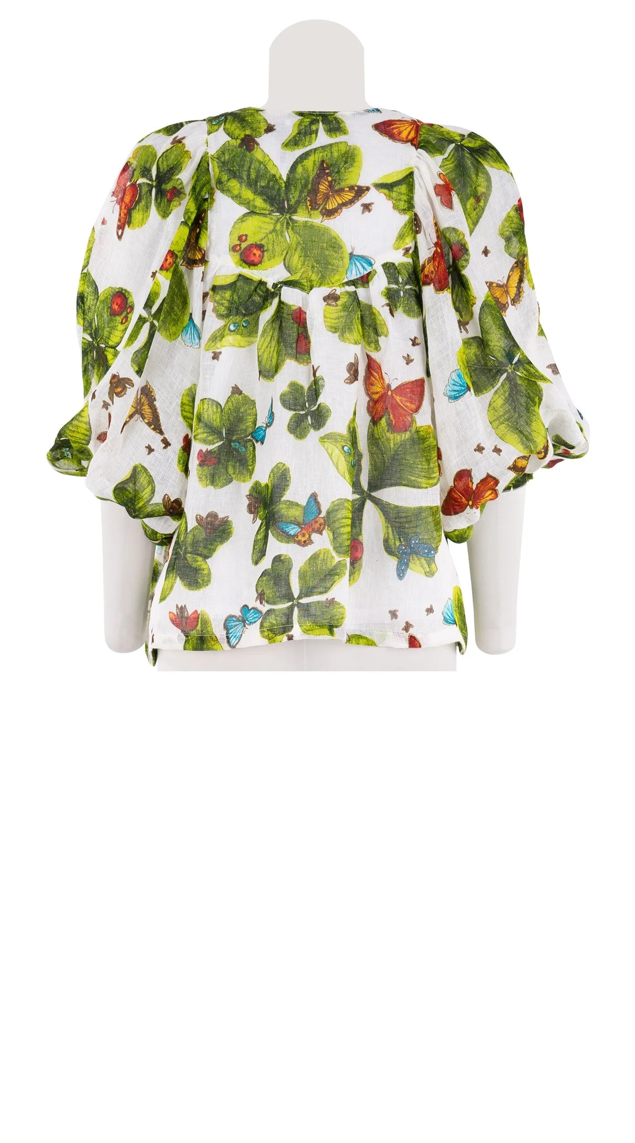 Anastasia Blouse #2 Crew Neck Slit 3/4 Puff Sleeve Linen (Clover Butterfly Small)