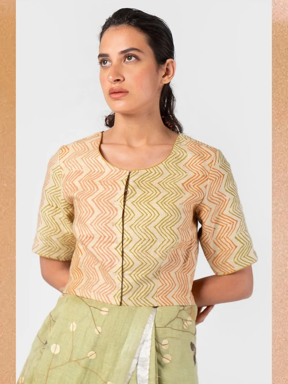Anavila  I   tan-and-celery-leheriya-blouse