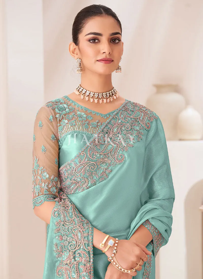 Aqua Blue Embroidery Saree