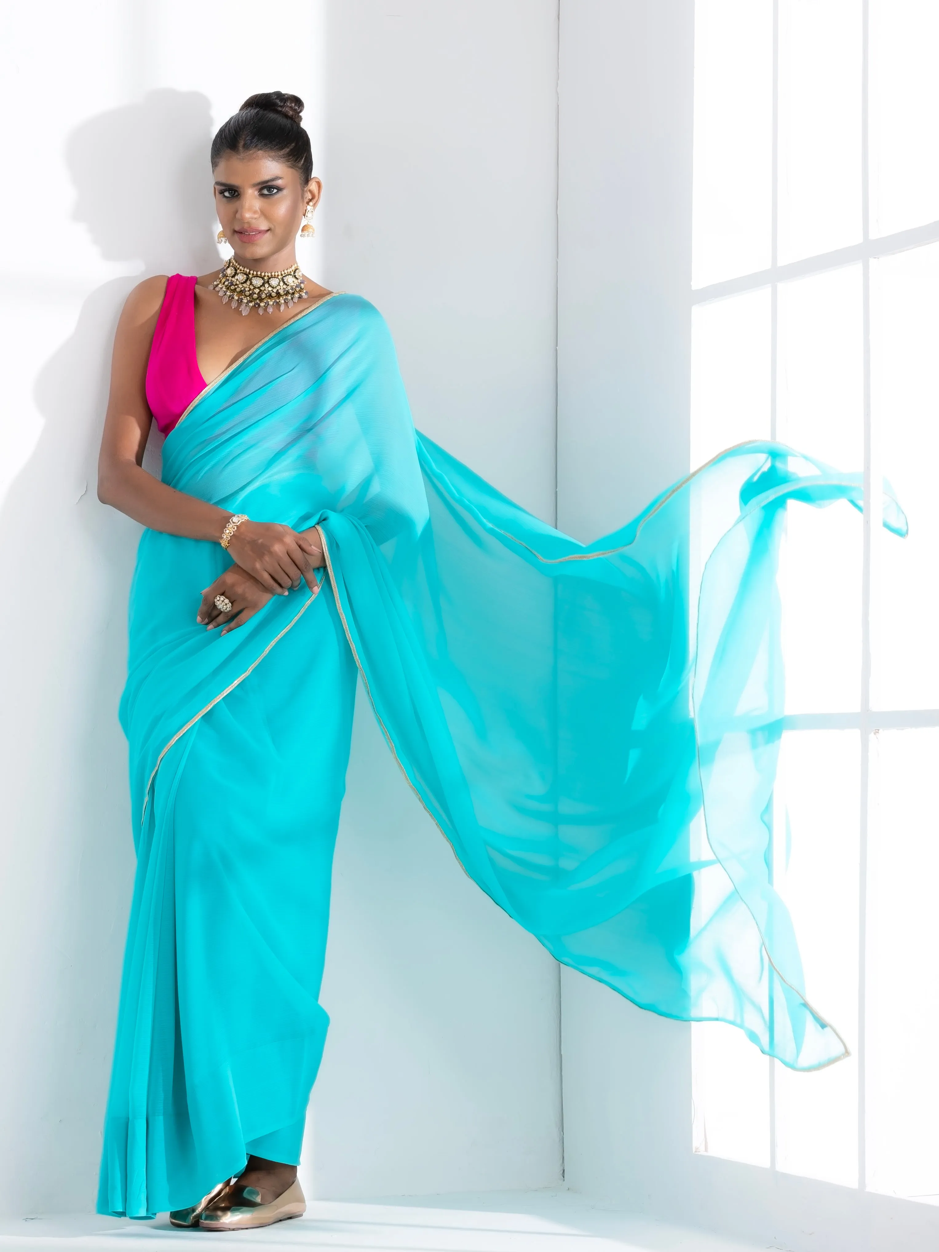 Aqua Blue Textured Chiffon Saree with Lace and Pink Blouse Fabric