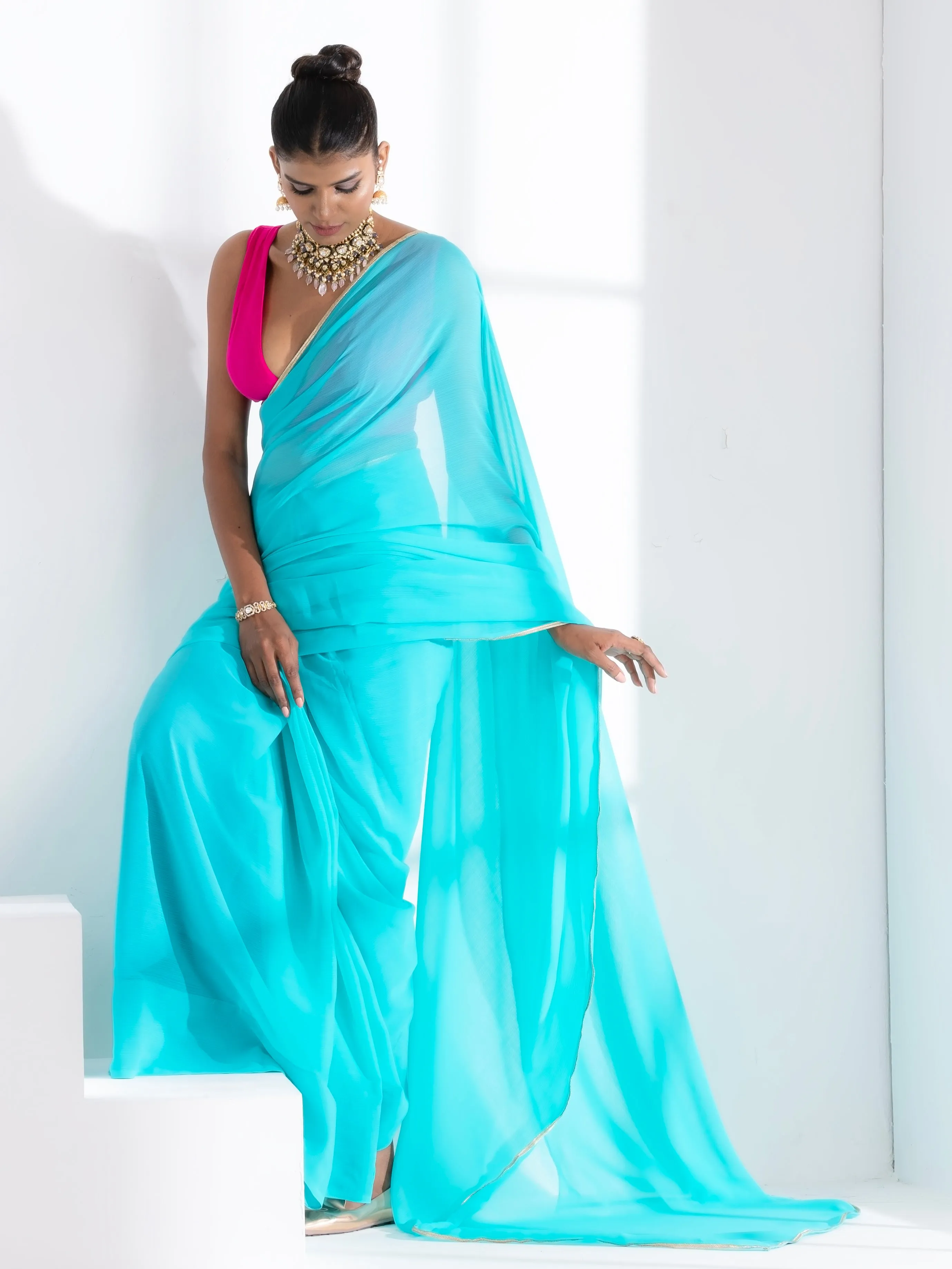 Aqua Blue Textured Chiffon Saree with Lace and Pink Blouse Fabric