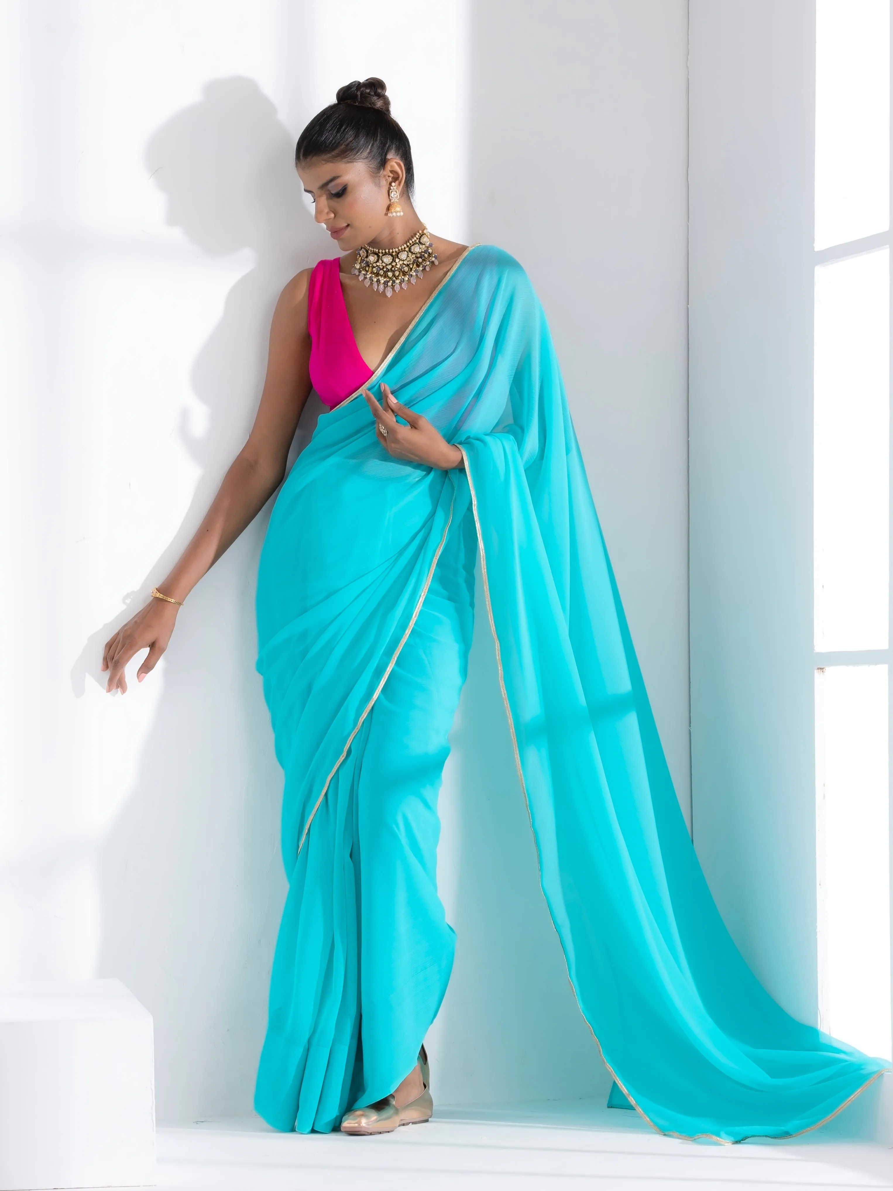 Aqua Blue Textured Chiffon Saree with Lace and Pink Blouse Fabric