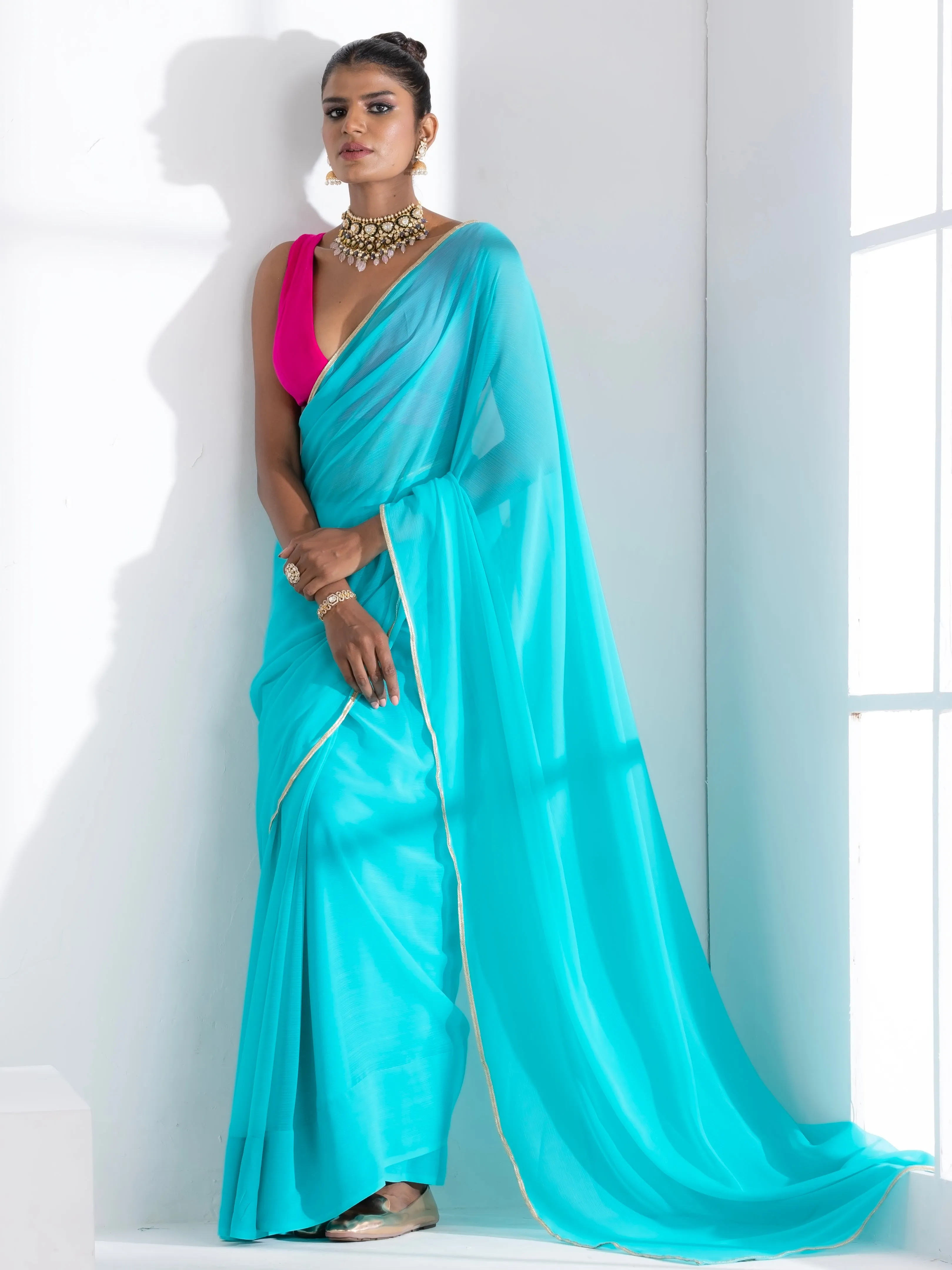 Aqua Blue Textured Chiffon Saree with Lace and Pink Blouse Fabric
