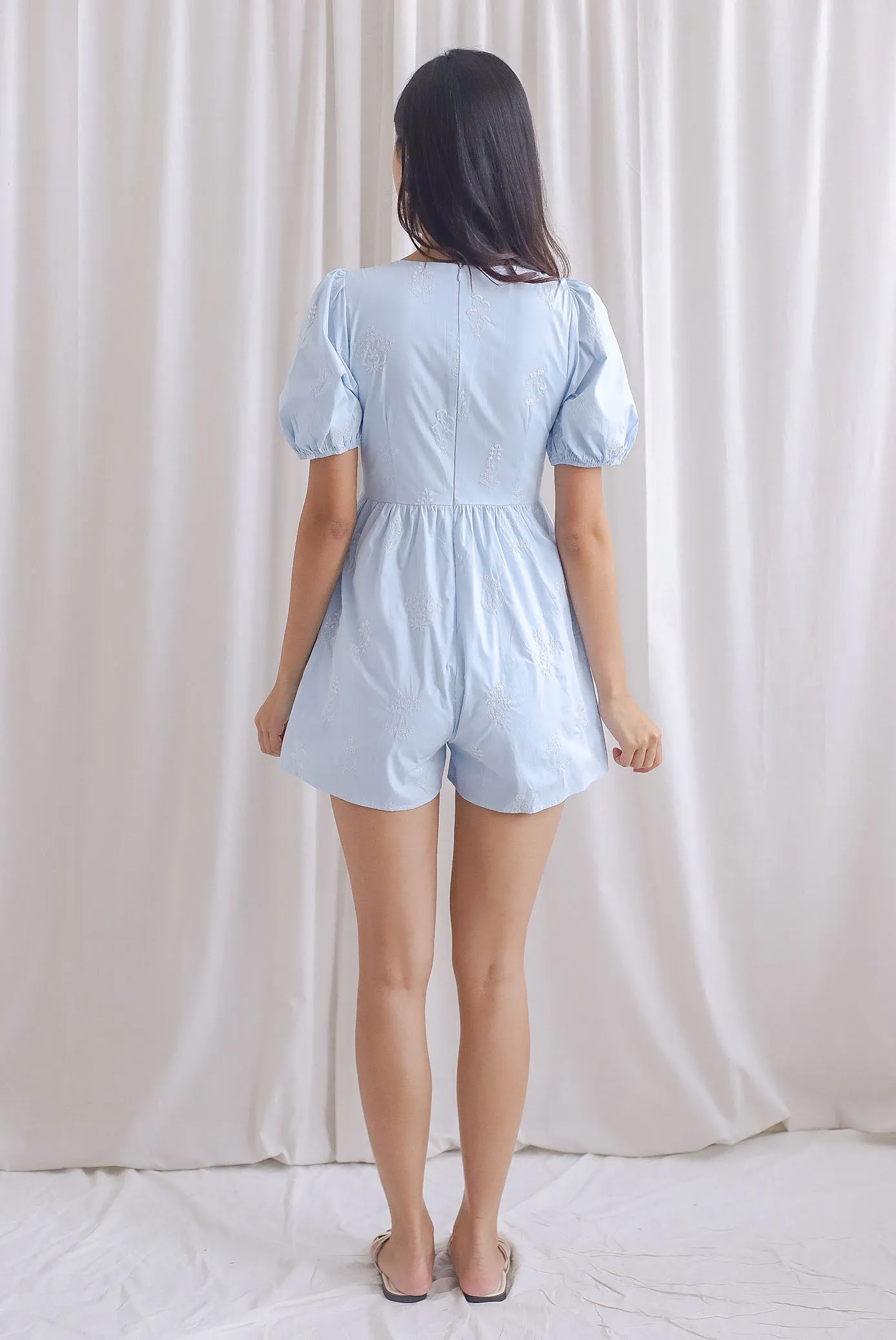 Armelle Embro Puffy Sleeve Buttons Romper In Skyblue