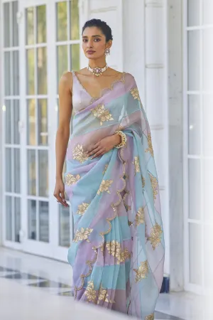 Ash Pink Flower Saree Set