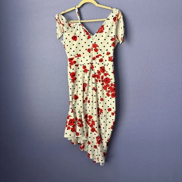 ASOS Design Rose Polka Dot Pephem Midi Dress Ruffle One Shoulder Unique High Low