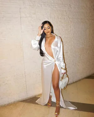 Asuso Couture Sydney White Deep V High Slit Dress