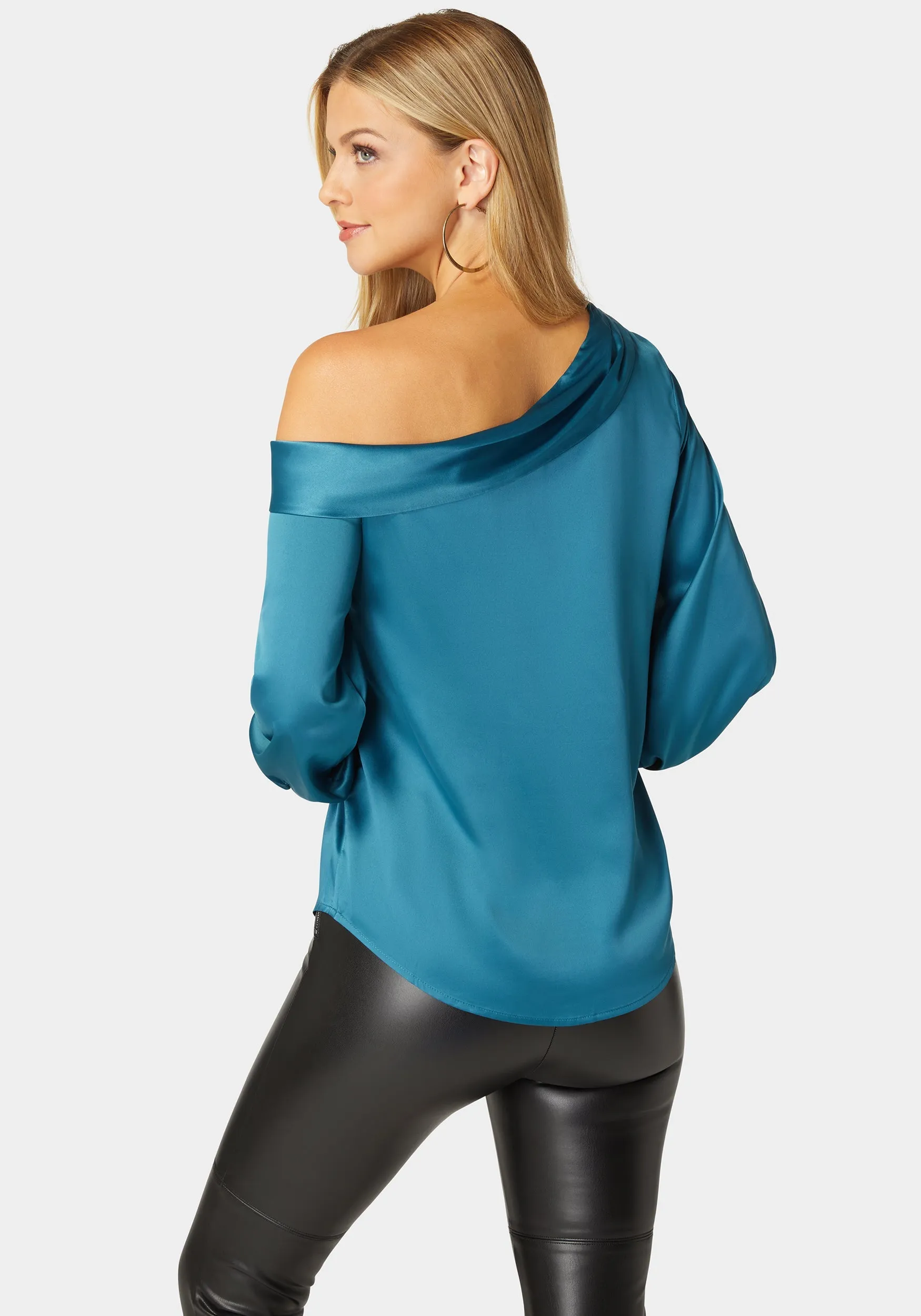 Asymmetrical Long Sleeve Slit Detail Satin Blouse