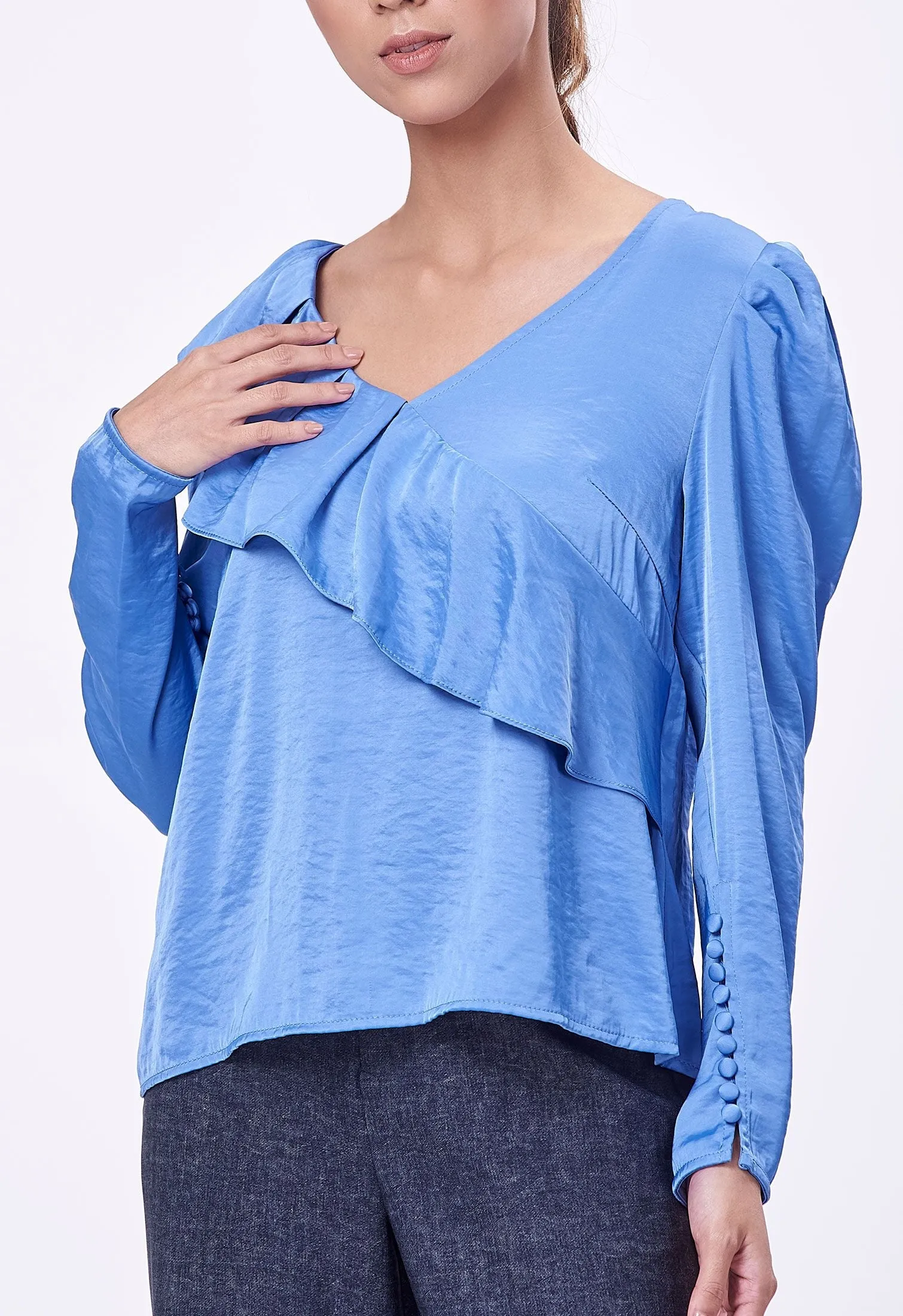 Asymmetrical Ruffle Puff Sleeve Blouse