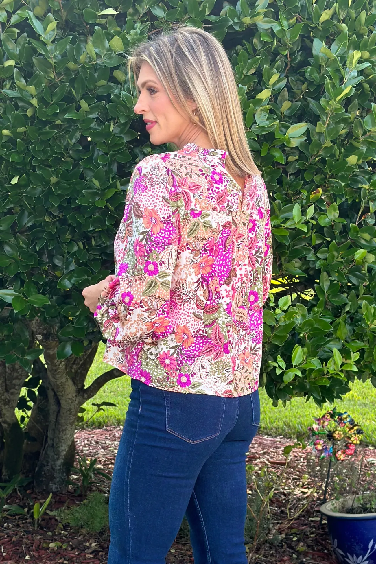 Autumn Colors Floral Print Smocked Neckline Blouse