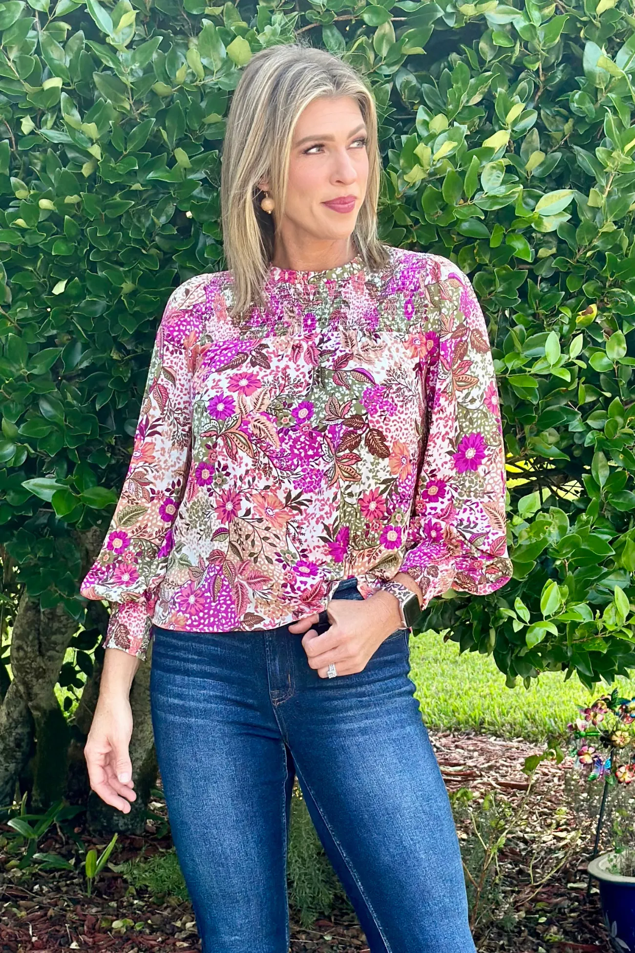 Autumn Colors Floral Print Smocked Neckline Blouse