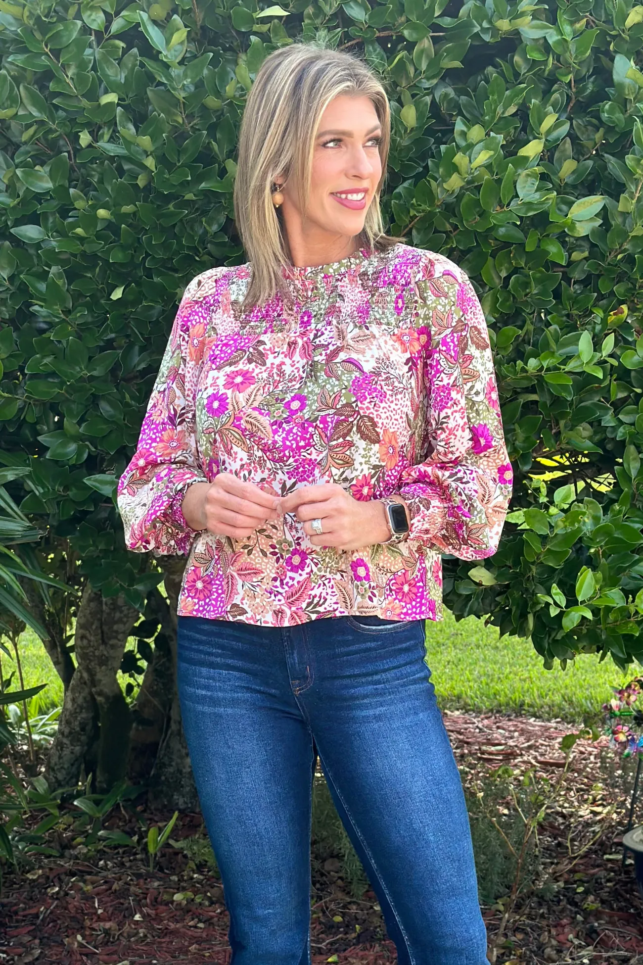Autumn Colors Floral Print Smocked Neckline Blouse