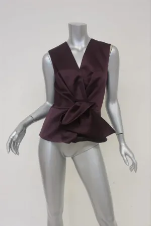 Balenciaga Fold Drape-Front Top Burgundy Satin Size 36 Sleeveless Blouse